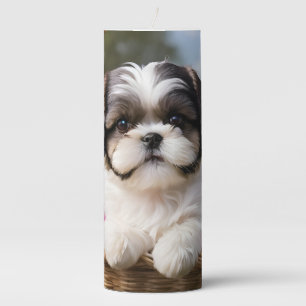 Little Shih Tzu Puppy Basket Flowers Pillar Candle
