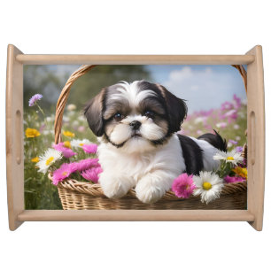 Little Shih Tzu Puppy Basket Flowers Serving Tray