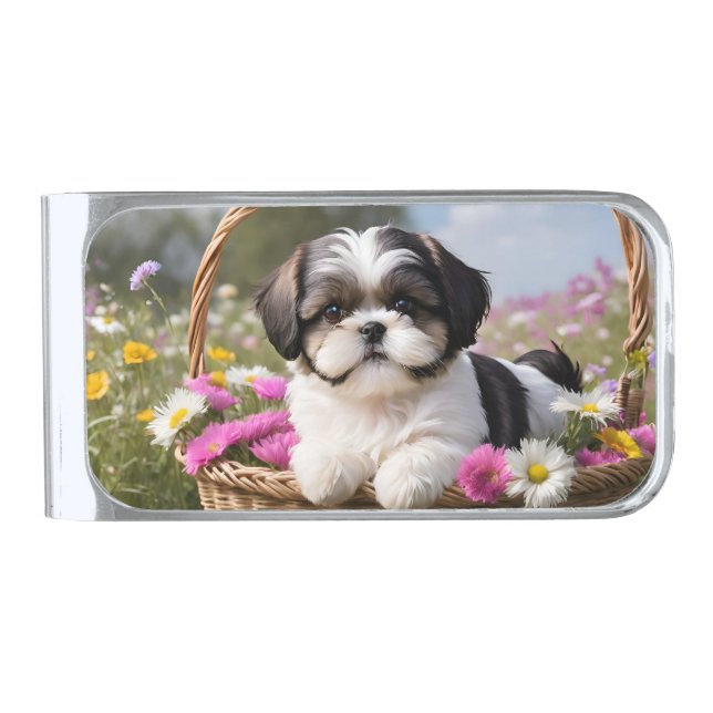Little Shih Tzu Puppy Basket Flowers Silver Finish Money Clip (Front)
