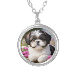 Little Shih Tzu Puppy Basket Flowers Silver Plated Necklace