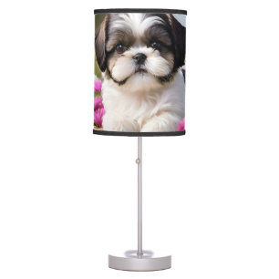 Little Shih Tzu Puppy Basket Flowers Table Lamp