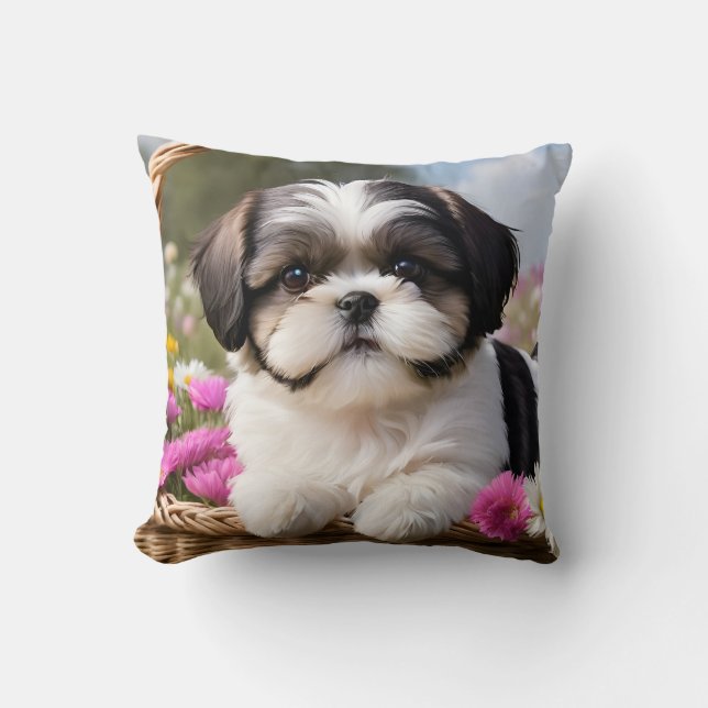 Little Shih Tzu Puppy Basket Flowers Throw Pillow (Front)
