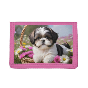 Little Shih Tzu Puppy Basket Flowers Trifold Wallet