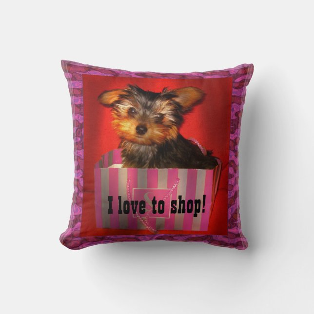 Little Shopper Yorkie Throw Pillow (Front)