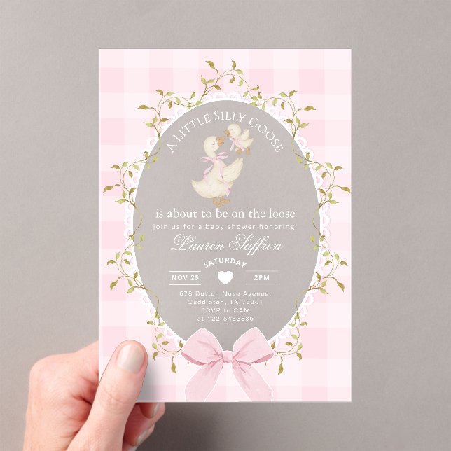 Little Silly Goose Baby Shower Pink Gingham Acrylic Invitations (Insitu (Handheld))