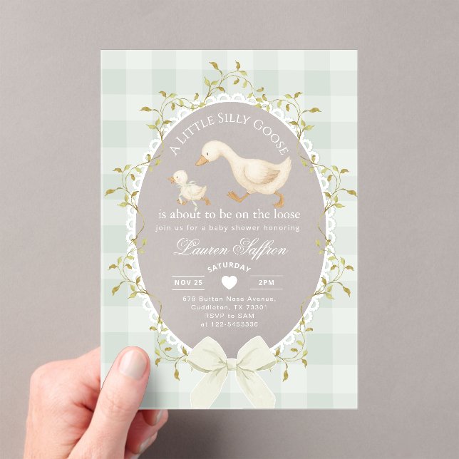 Little Silly Goose Baby Shower Sage Gingham Acrylic Invitations (Insitu (Handheld))