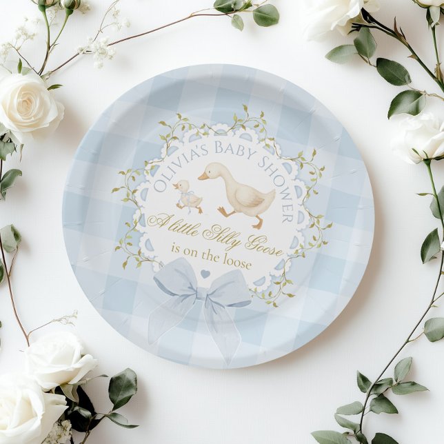 Little Silly Goose Blue Gingham Baby Shower Paper Plates (Creator Uploaded)
