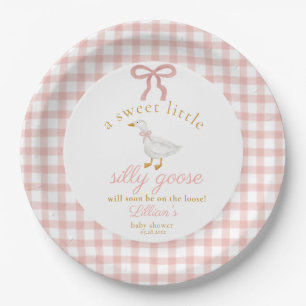Little Silly Goose Blush Pink Gingham Baby Shower  Paper Plates