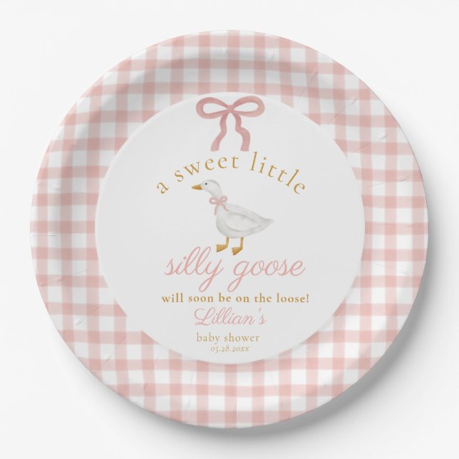 Little Silly Goose Blush Pink Gingham Baby Shower  Paper Plates (Front)