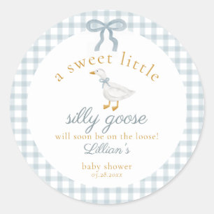Little Silly Goose Bow Baby Shower Blue Gingham  Classic Round Sticker