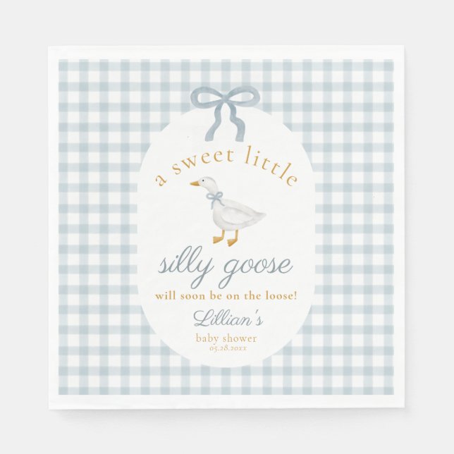 Little Silly Goose Bow Baby Shower Blue Gingham  Napkins (Front)