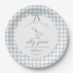Little Silly Goose Bow Baby Shower Blue Gingham  Paper Plates