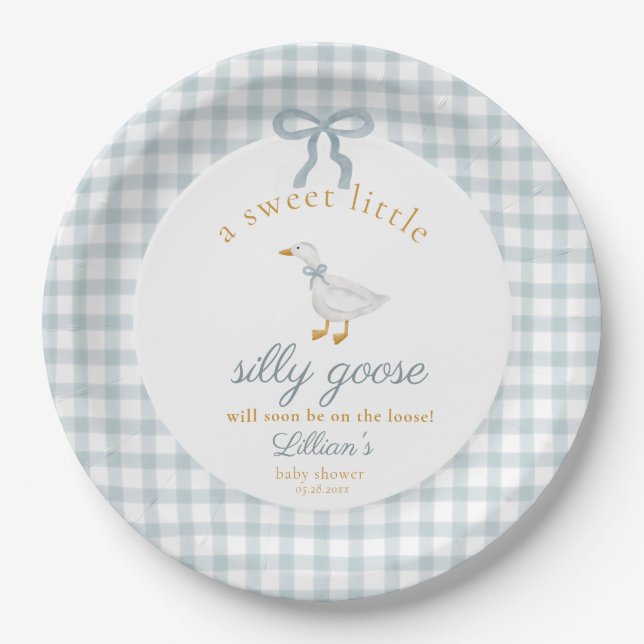 Little Silly Goose Bow Baby Shower Blue Gingham  Paper Plates (Front)