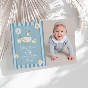 Little Silly Goose Daisy Boy 1st Birthday Photo Invitation