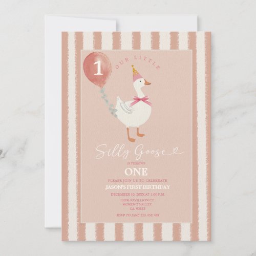 Little Silly Goose Pink Balloon Girl 1st Birthday Invitation