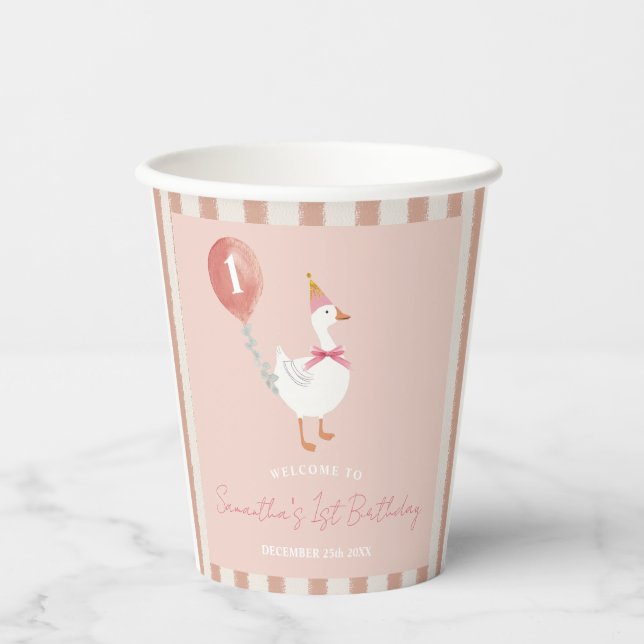 Little Silly Goose Pink Balloon Girl 1st Birthday Paper Cups (Front)