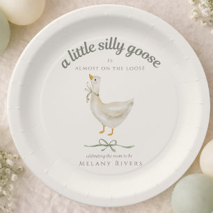 Little silly Goose Sage Green Bow Baby Shower Paper Plates