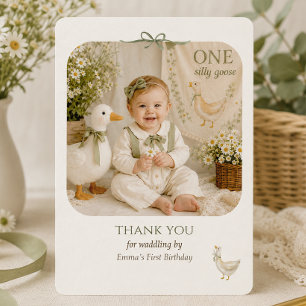 Little Silly Goose Sage Green First Birthday Thank You Card