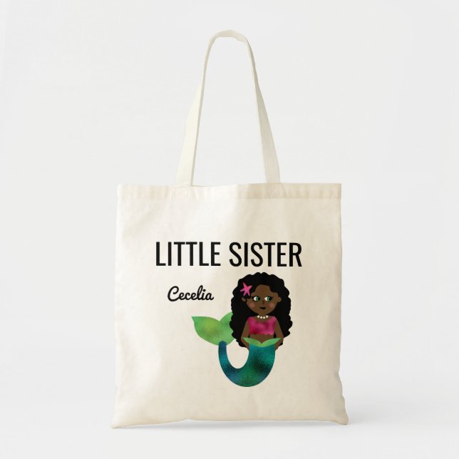 Little Sister African American Mermaid Faux Foil Tote Bag (Front)