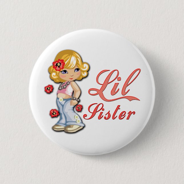 LIttle Sister and Flowers Pinback Button (Front)