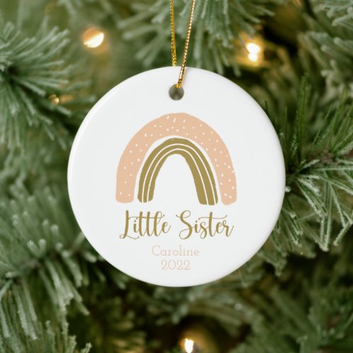 Little Sister Boho Rainbow Pink Gold Personalized Ceramic Ornament