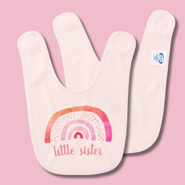 Little Sister Cute Rainbow Watercolor Baby Bib (Cute baby girl 'Little Sister' watercolor rainbow baby bib.  Matching items available.)