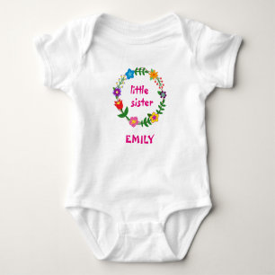 Little Sister, Floral Frame, Personalize Name Baby Bodysuit