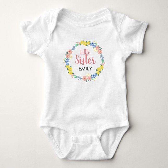 Little Sister Floral Wreath Baby Bodysuit (Front)