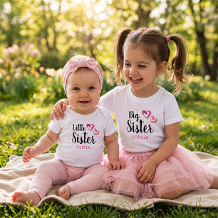 Little Sister Pink Watercolor Hearts Custom Name Baby Bodysuit