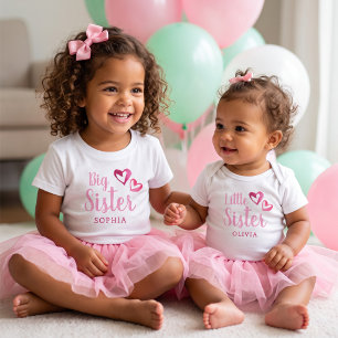Little Sister Pink Watercolor Hearts Custom Name Toddler T-shirt