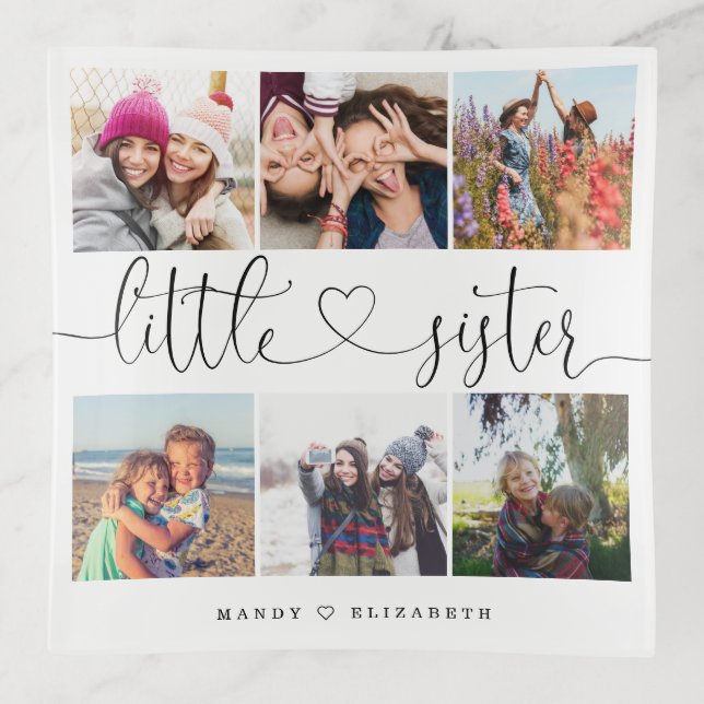 Little Sister Script | Gift Sisters Photo Collage Trinket Tray (Front)