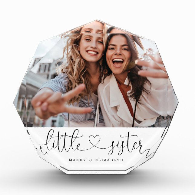 Little Sister Script Sister Gift Photo Keepsake Block (Front)