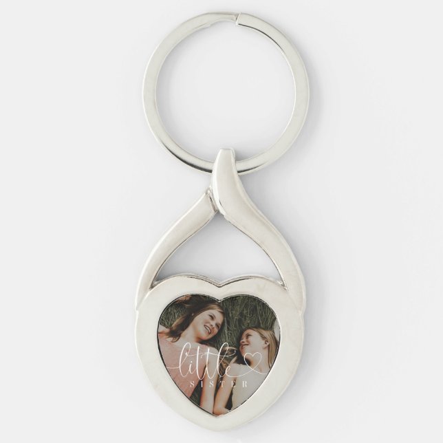 Little Sister Script Sister Gift Photo Keepsake Keychain (Front)