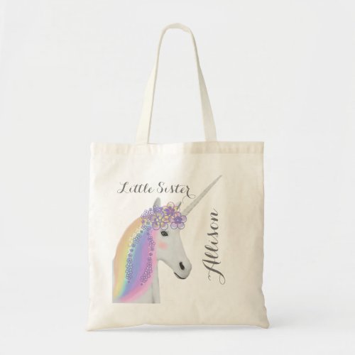 Little Sister Unicorn Rainbow Flowers Fantasy Tote Bag