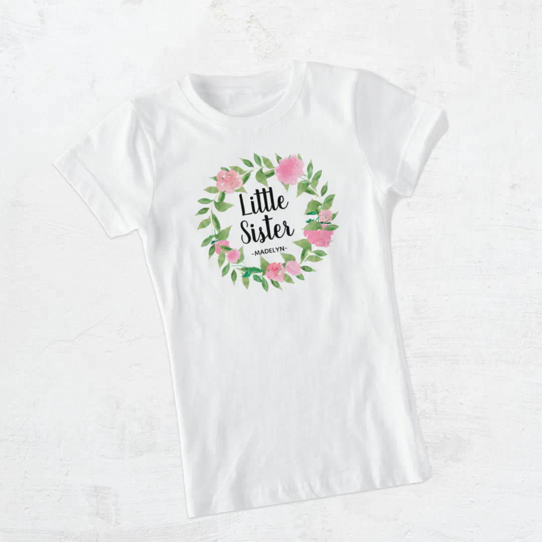 Little Sister Watercolor Floral Wreath with Name T-Shirt