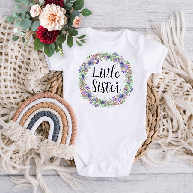 Little Sister Watercolour Floral Wreath Baby Bodysuit (Creator Uploaded)
