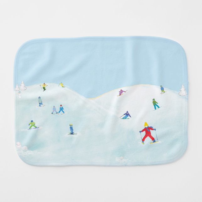 Little Skiers On Snowy Hill Baby Burp Cloth (Front Horizontal)