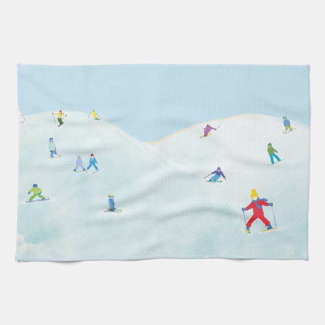 Little Skiers On Snowy Hill Kitchen Towel (Horizontal)