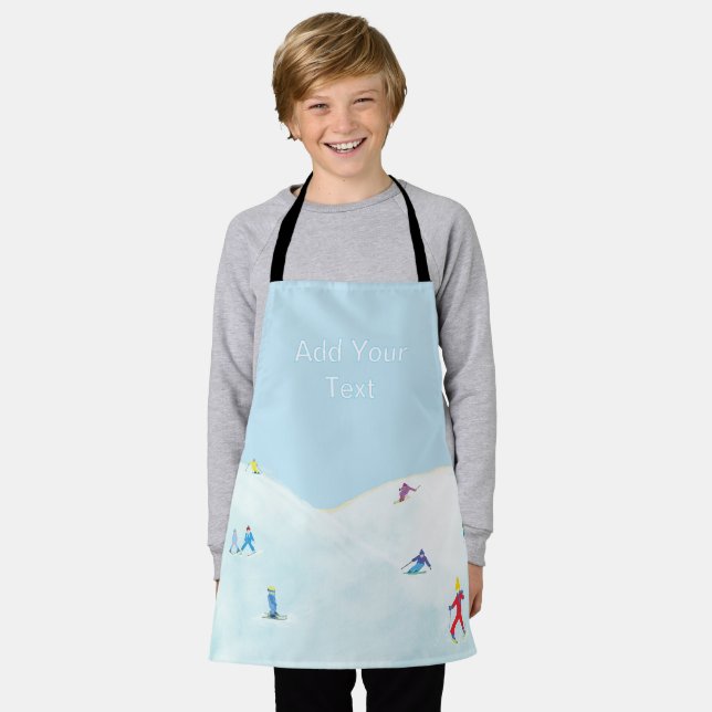 Little Skiers On Snowy Hill Personalized Apron (Worn)