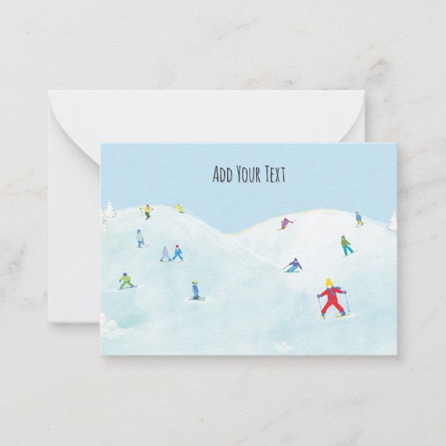 Little Skiers On Snowy Hill Personalized Note Card (Front)