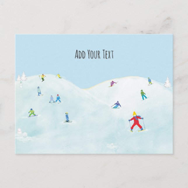 Little Skiers On Snowy Hill Personalized Postcard (Front)