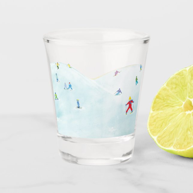 Little Skiers On Snowy Hill  Shot Glass (Front)