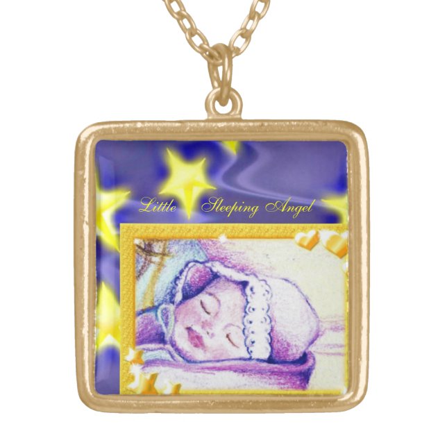 Little Sleeping Angel Gold Square Necklace (Front)