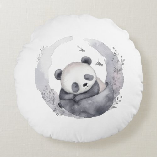 Little Sleepy Watercolor Baby Panda Bear Round Pillow