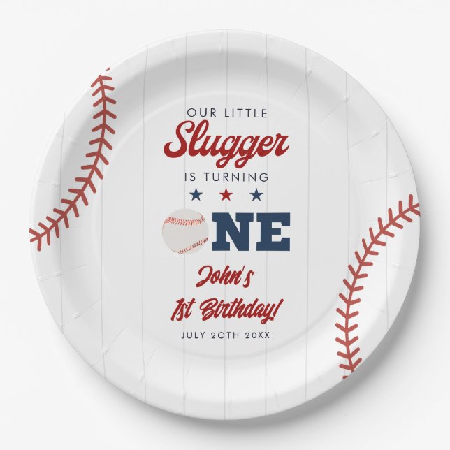 Little Slugger Baseball 1st Birthday Paper Plates (Front)