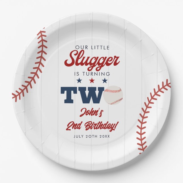 Little Slugger Baseball 2nd Birthday Paper Plates (Front)