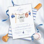 Little slugger Baseball Clothesline Baby Shower In Invitation<br><div class="desc">Little Slugger Baseball Clothesline Baby Shower Invitations. Features watercolor baseball jersey, helmet, sports cap, bat, baseball and glove on clothesline in muted beige, tan and blue colors. All wording can be changed, to any age birthday or to a baby shower. To make more changes go to Personalize this template. On...</div>