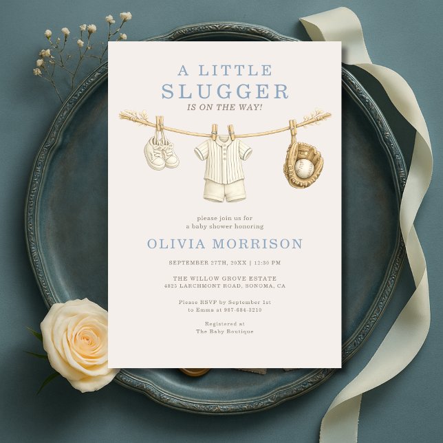 Little Slugger Baseball Clothesline Baby Shower Invitation (Creator Uploaded)