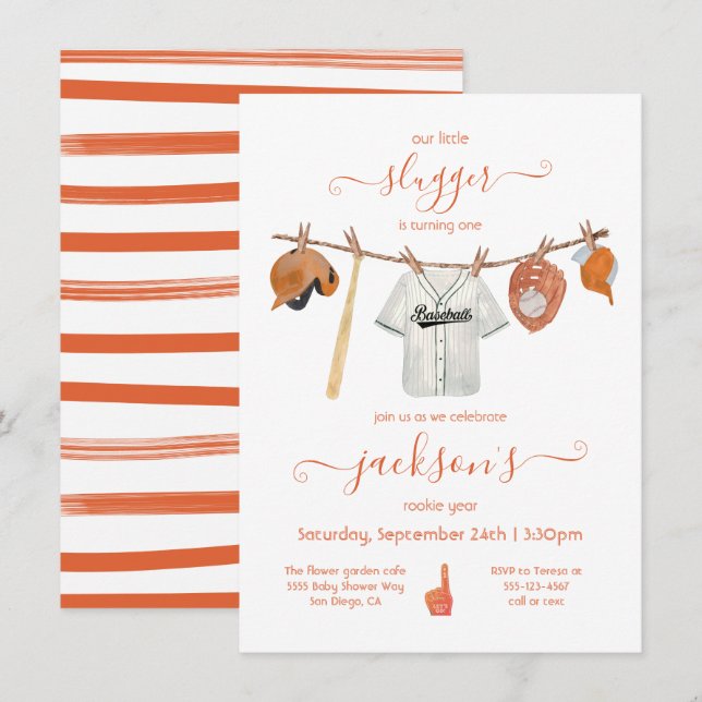 Little slugger Baseball Clothesline Birthday Party Invitation (Front/Back)