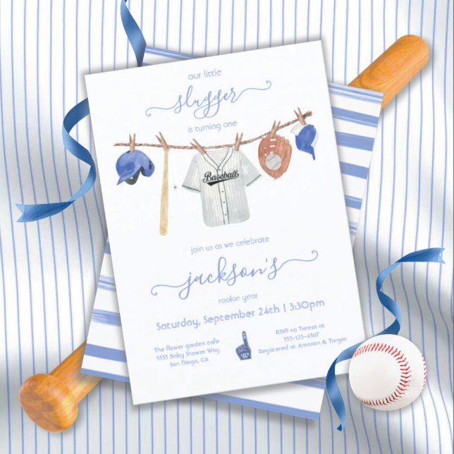 Little slugger Baseball Clothesline Birthday Party Invitation (Creator Uploaded)